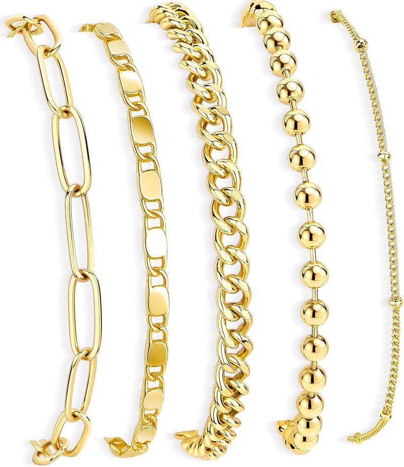 Poxtex Gold Bracelets Set for Women Stack, Dainty Thick Bracelets Stack for Women Trendy, Simple Thin Gold Plated Cuff Stackable Bracelets With Beaded Cuban Paperclip Snake Rope Bangle Hand Chain Jewelry Gifts for Women Non Tainish - Image 1